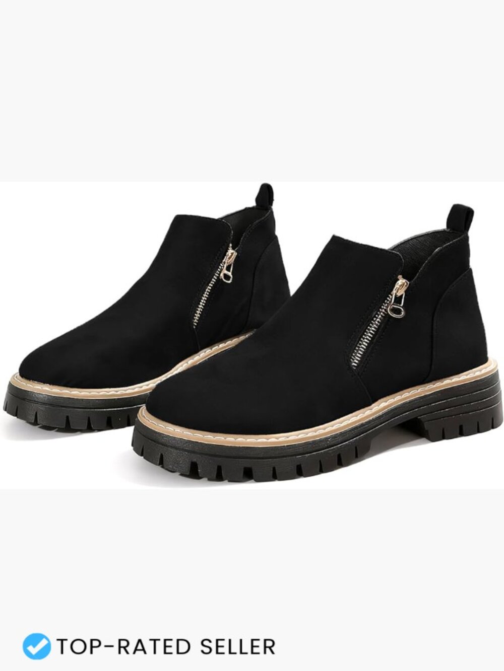 Chunky Heel Ankle Boots Comfy Platform Lug-Sole Round Toe Side Zipper